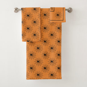 Halloween spider web black, orange monogram bath towel set