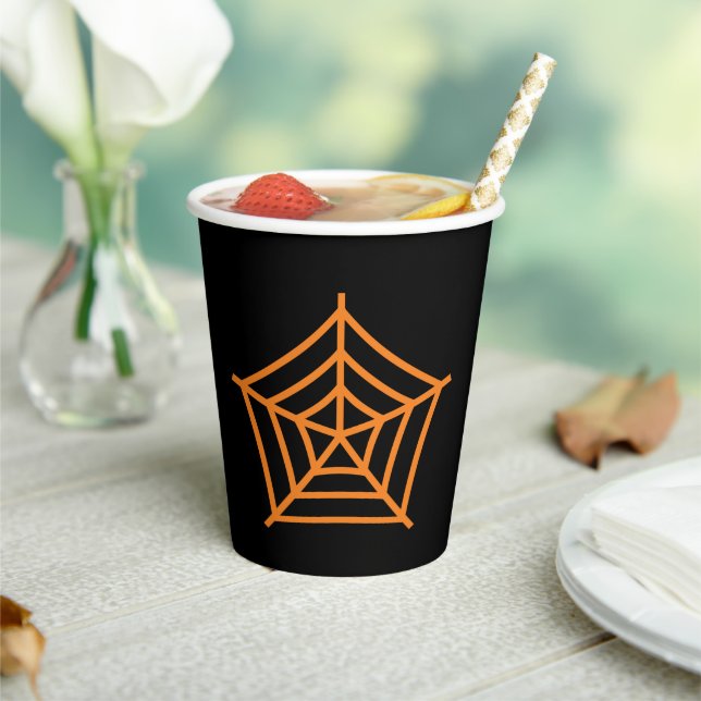 Halloween spider web black & orange spooky paper cups (Insitu)