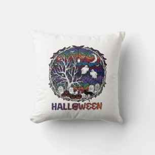 Halloween Spider Web Tree Ghosts Pumpkins Tombston Cushion