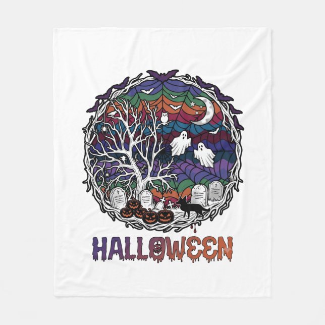 Halloween Spider Web Tree Ghosts Pumpkins Tombston Fleece Blanket (Front)
