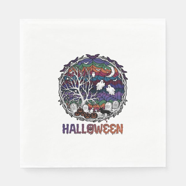 Halloween Spider Web Tree Ghosts Pumpkins Tombston Napkin (Front)