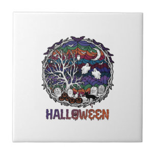 Halloween Spider Web Tree Ghosts Pumpkins Tombston Tile