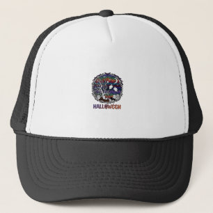 Halloween Spider Web Tree Ghosts Pumpkins Tombston Trucker Hat