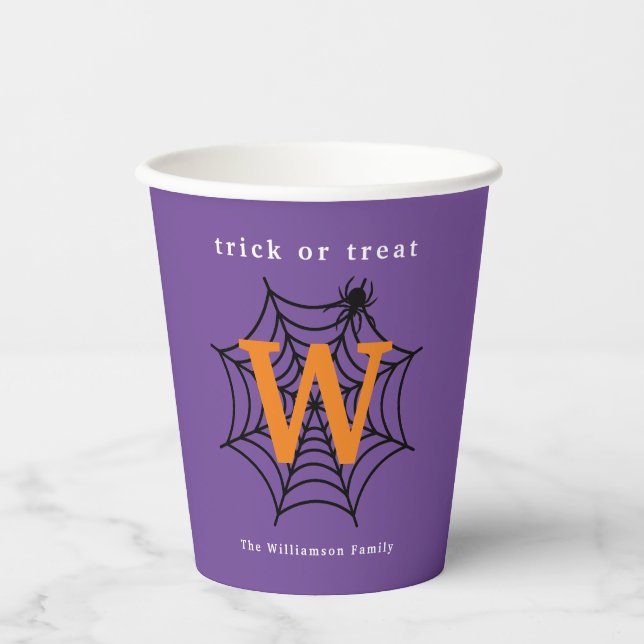 Halloween Spider Web Trick or Treat Monogram Paper Cups (Front)