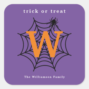 Halloween Spider Web Trick or Treat Monogram Square Sticker