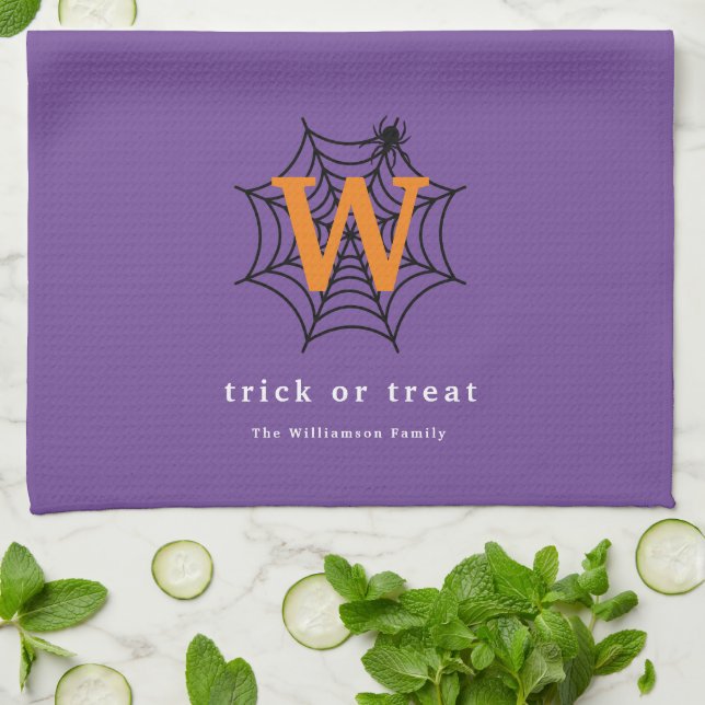 Halloween Spider Web Trick or Treat Monogram Tea Towel (Folded)