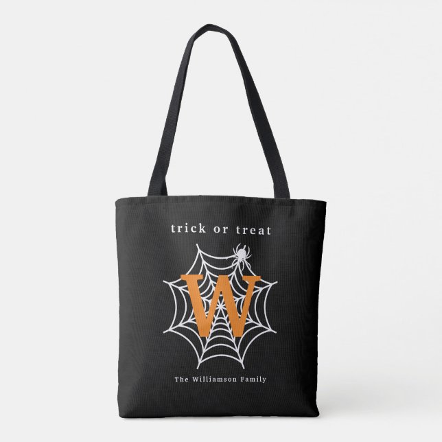 Halloween Spider Web Trick or Treat Monogram  Tote Bag (Back)