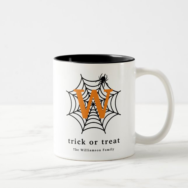 Halloween Spider Web Trick or Treat Monogram Two-Tone Coffee Mug (Right)