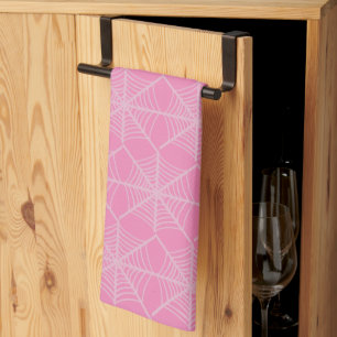 Halloween Spider Webs in Pink and White  Tea Towel