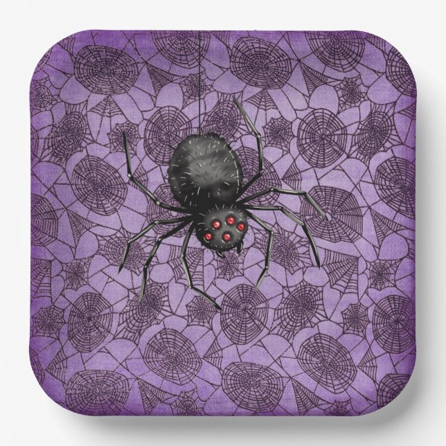 Halloween Spider Webs On Purple  Paper Plate (Front)