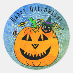 Halloween Spider Witch and Pumpkin Classic Round Sticker