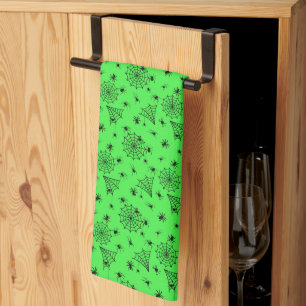 Halloween Spiders and Webs on Green Tea Towel