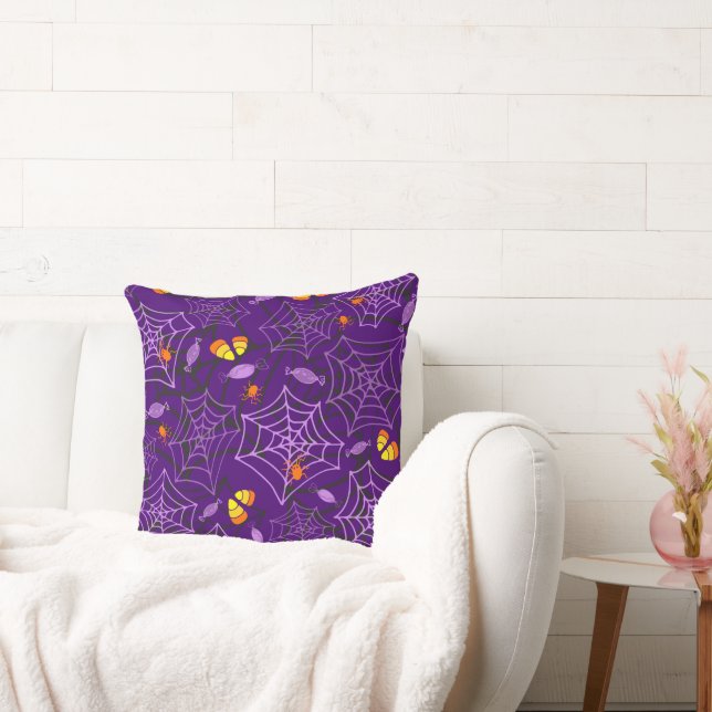 Halloween Spiders & Candy Purple Pillow (Couch)