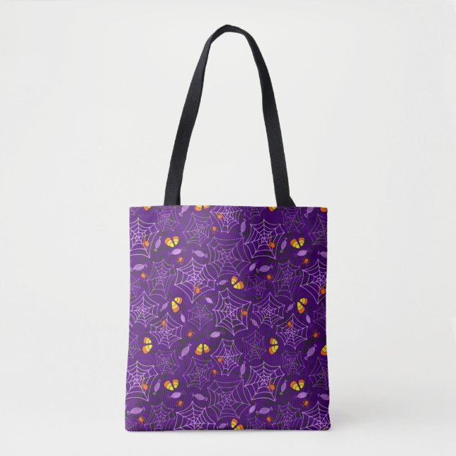 Halloween Spiders & Candy Purple Tote Bag (Front)