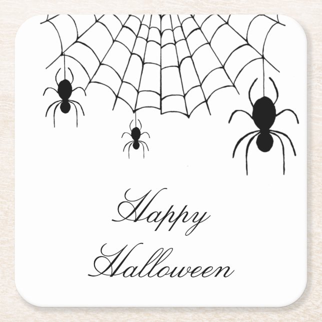 Halloween Spiders Cute Gothic Black White Square Paper Coaster (Front)