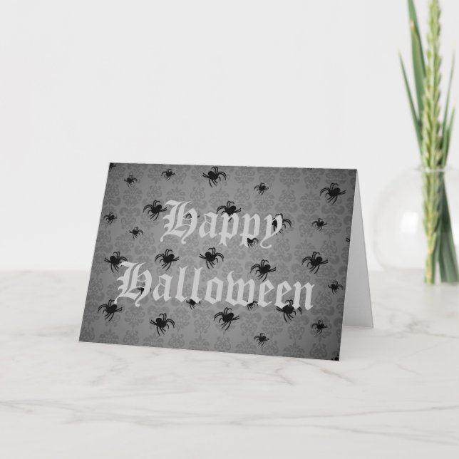 Halloween spiders on grey faded damask card (Front)