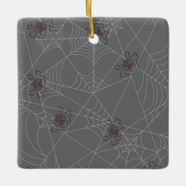 Halloween spiders web and pumpkins  ceramic ornament (Front)