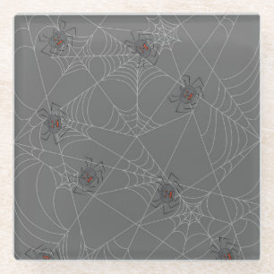 Halloween spiders web and pumpkins glass coaster