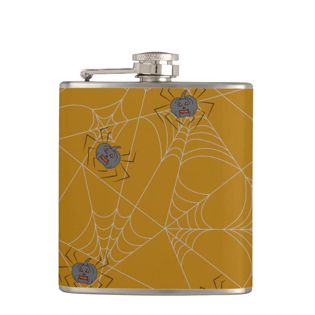 Halloween spiders web and pumpkins   hip flask (Front)