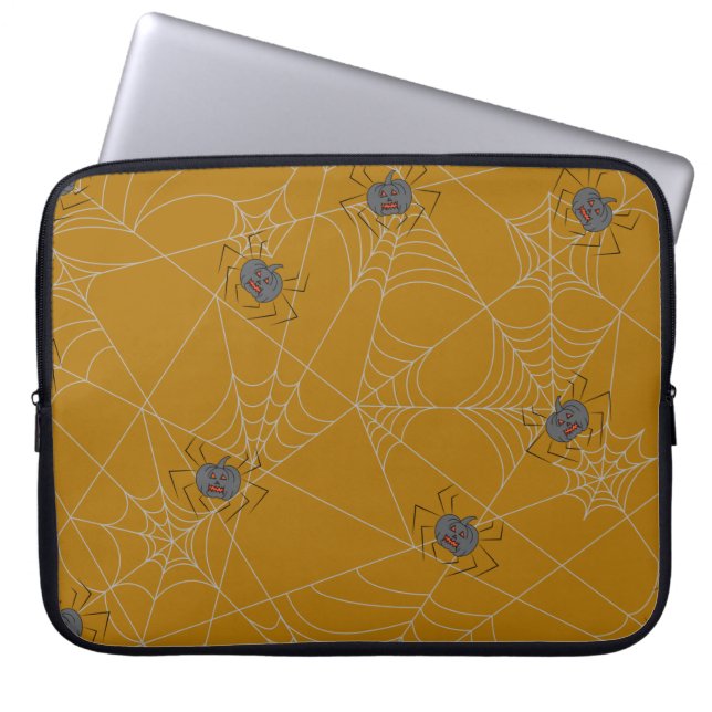Halloween spiders web and pumpkins laptop sleeve (Front)