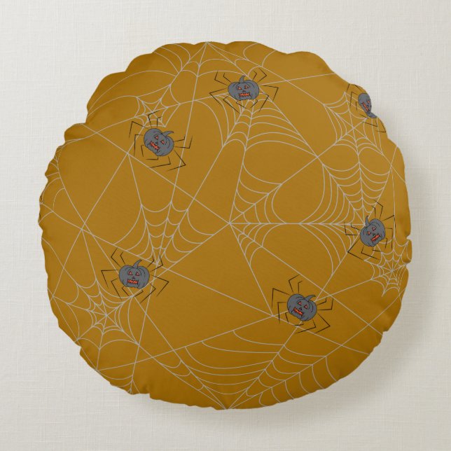 Halloween spiders web and pumpkins round cushion (Front)