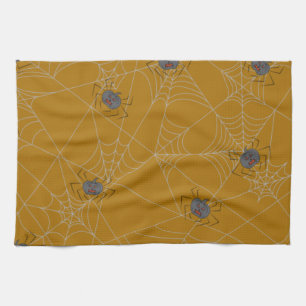 Halloween spiders web and pumpkins tea towel