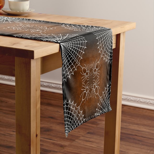 Halloween Spiderweb spiders black orange white  Short Table Runner (In Situ)