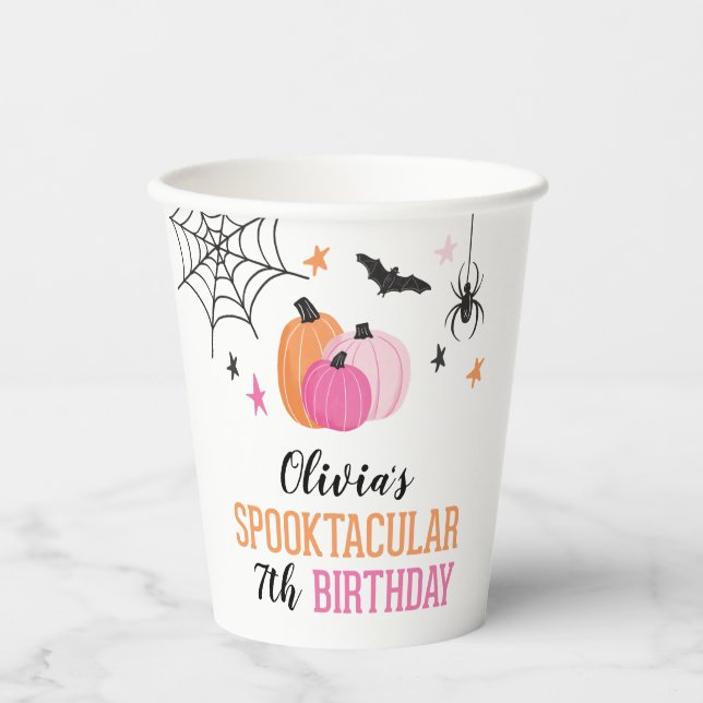 Halloween Spooktacular Birthday Pink Pumpkins Paper Cups (Front)