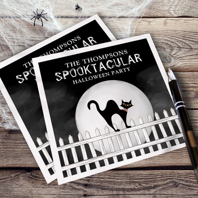 Halloween Spooktacular Spooky Whimsical Black Cat Napkin (Halloween spooktacular paper napkin with a whimsical black cat on a fence.)