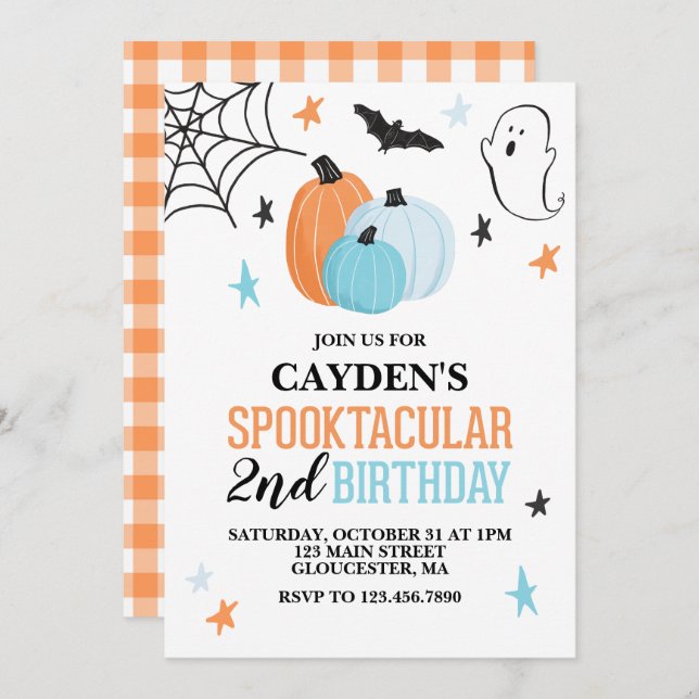 Halloween Spooktacular turquoise orange Birthday I Invitation (Front/Back)