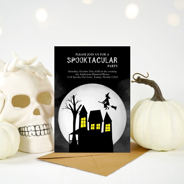 Halloween Spooktacular Witch Haunted House Invitation (Halloween spooktacular invitation with haunted house ans flying witch. )