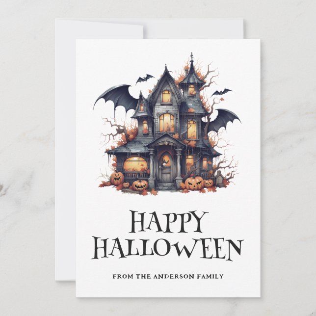 Halloween Spooky Bat Haunted House Pumpkins Card (Front)