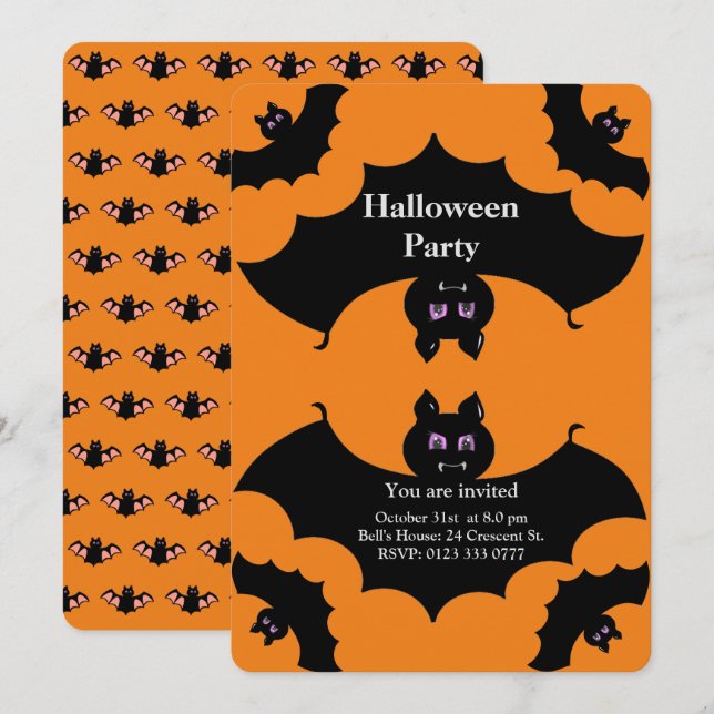 Halloween Spooky Bats on Orange Invitation (Front/Back)