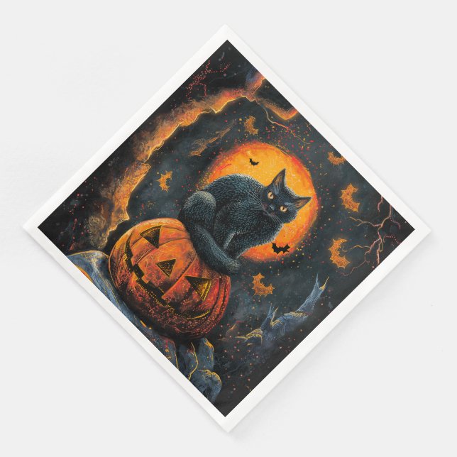 Halloween Spooky Black Cat on a Jack O' Lantern Napkin (Corner)