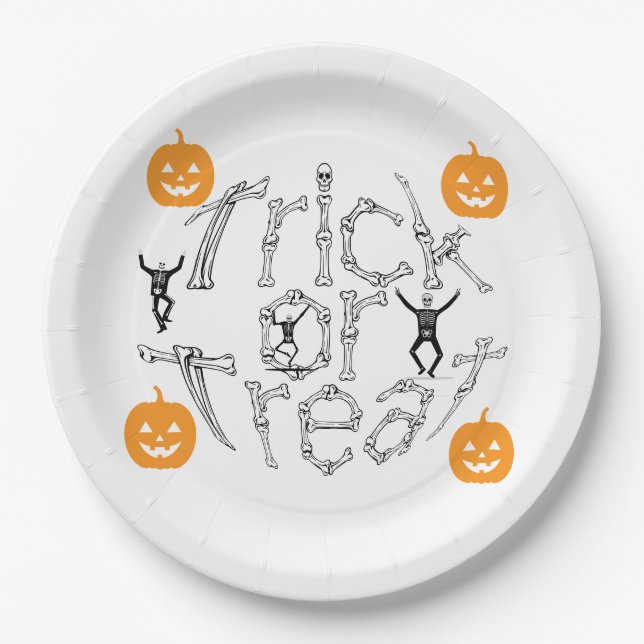 Halloween Spooky Bone Text Trick Or Treat Paper Plate (Front)