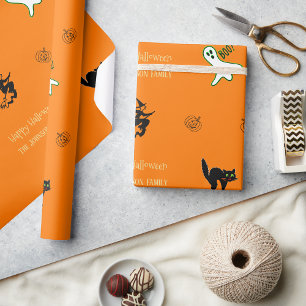 Halloween Spooky Cat Ghost Witch Fun Custom Text Wrapping Paper