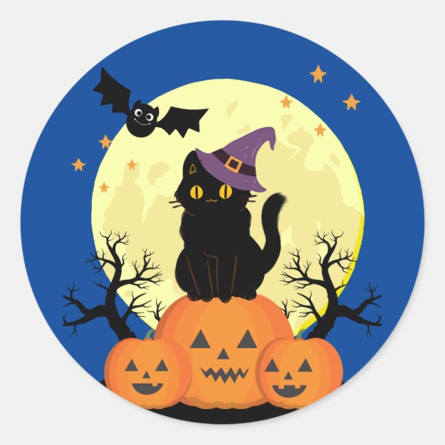 Halloween Spooky Cat Witch Jack-o-lanterns Classic Round Sticker (Front)