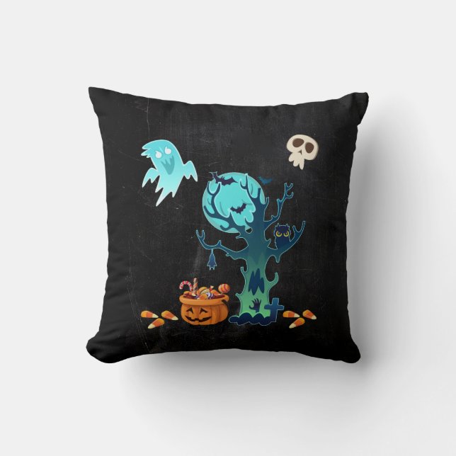 Halloween Spooky Creepy Ghosts Bats Skulls & Candy Cushion (Front)