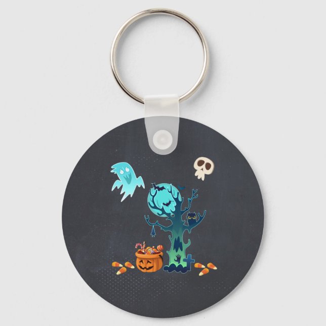 Halloween Spooky Creepy Ghosts Bats Skulls & Candy Key Ring (Front)