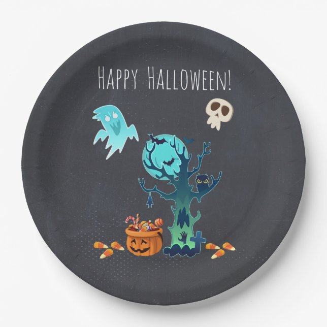 Halloween Spooky Creepy Ghosts Bats Skulls & Candy Paper Plate (Front)