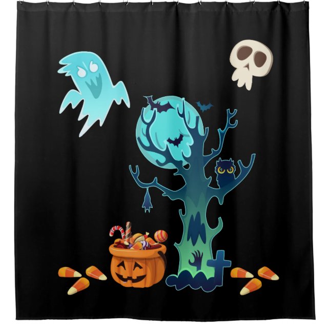 Halloween Spooky Creepy Ghosts Bats Skulls & Candy Shower Curtain (Front)