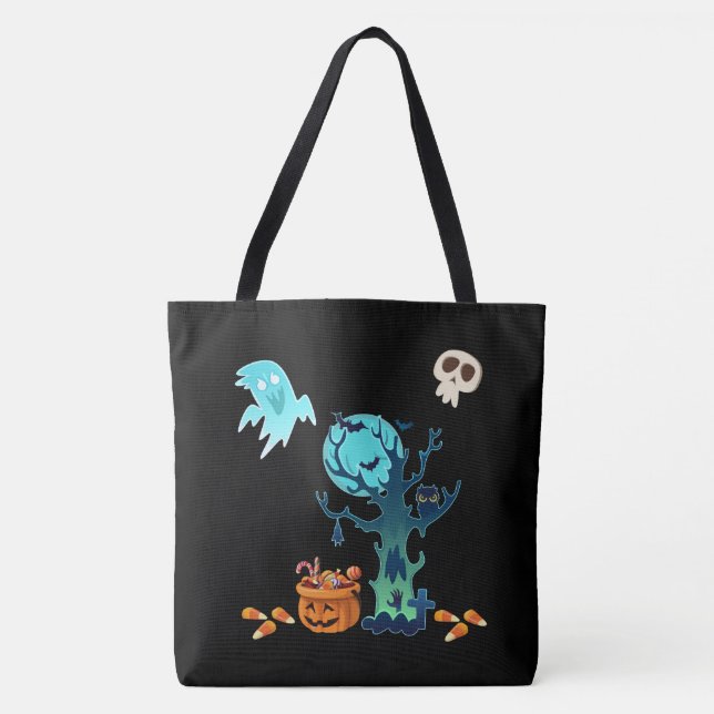 Halloween Spooky Creepy Ghosts Bats Skulls & Candy Tote Bag (Front)