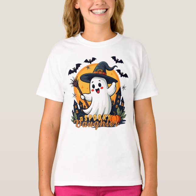 Halloween Spooky Daughter Ghost with Witch Hat  T-Shirt (Front)
