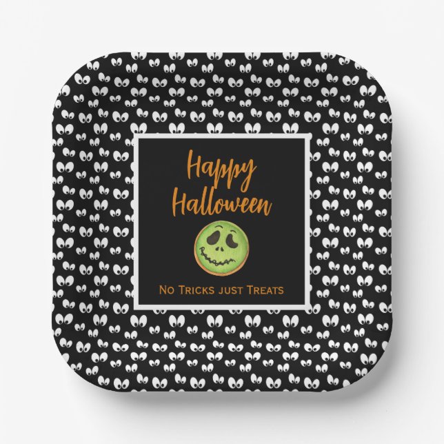 Halloween spooky eyes green cookie no tricks paper plate (Front)