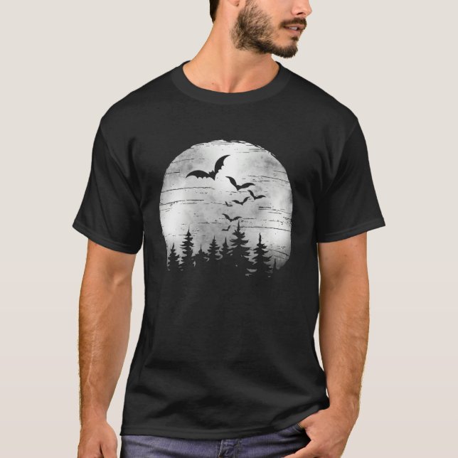 Halloween Spooky Full Moon The Woods & Bats T-Shirt (Front)