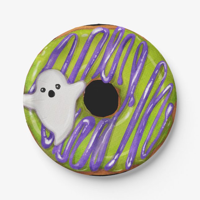 Halloween Spooky Ghost Green Doughnut Paper Plate (Front)
