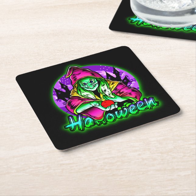 Halloween Spooky Green Witch Magic Hat Apple  Square Paper Coaster (Angled)