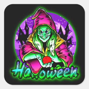 Halloween Spooky Green Witch Magic Hat Apple   Square Sticker