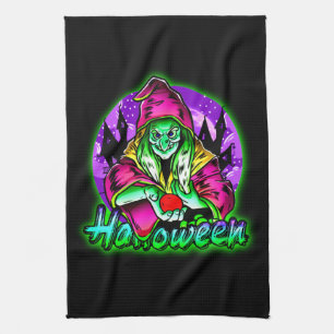 Halloween Spooky Green Witch Magic Hat Apple Tea Towel