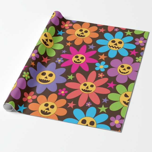 Halloween Spooky Groovy Flowers  Wrapping Paper (Unrolled)